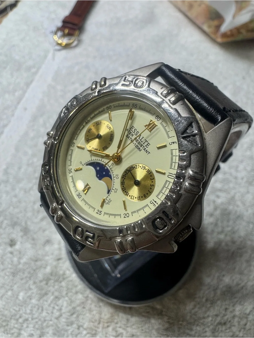 Men’s Black Leather Strap Watch with Cream Dial and Moonphase